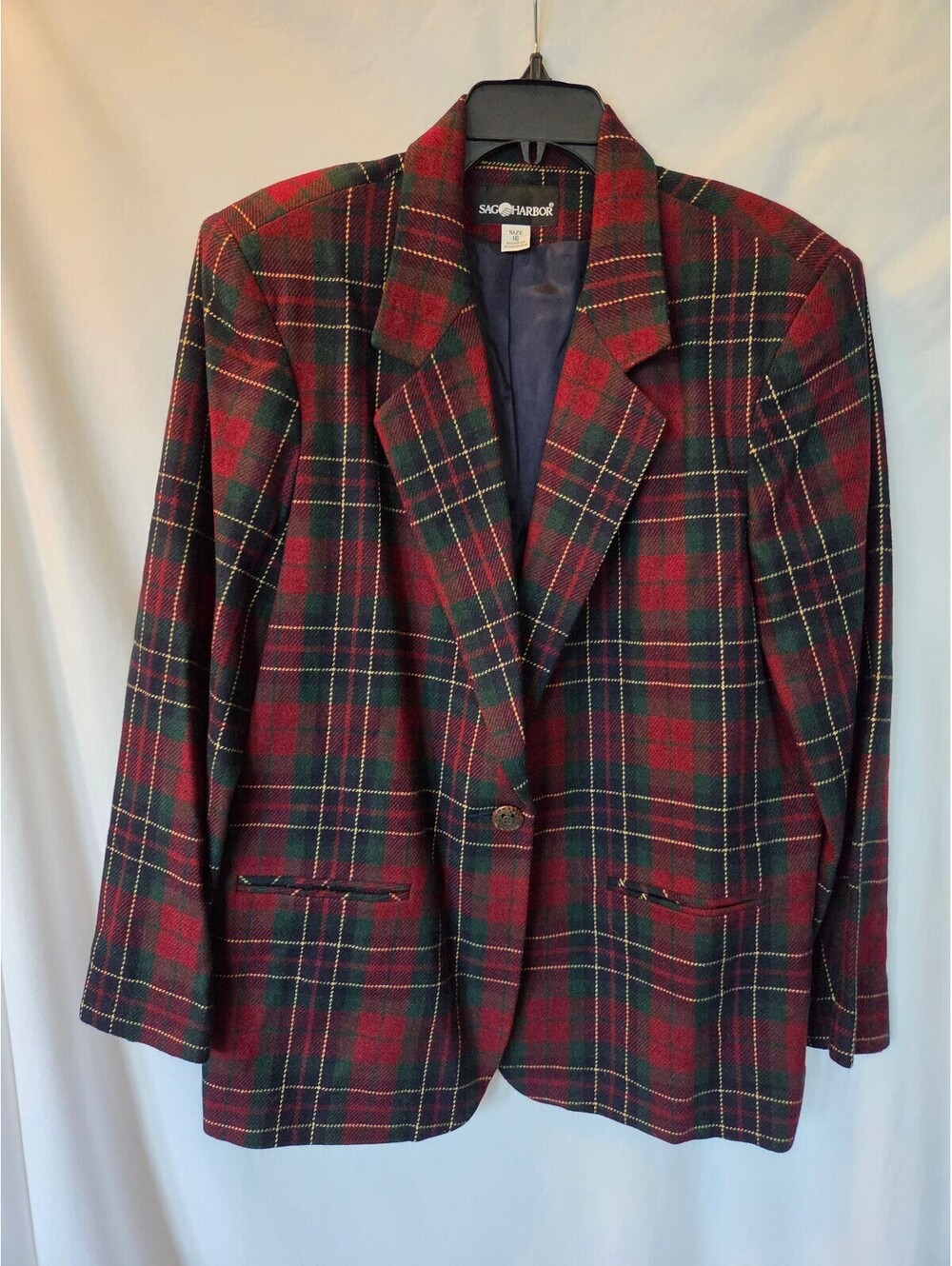 Vintage 90s Sag Harbor Womens 16 Tartan Plaid Wool Blend Blazer Red Green